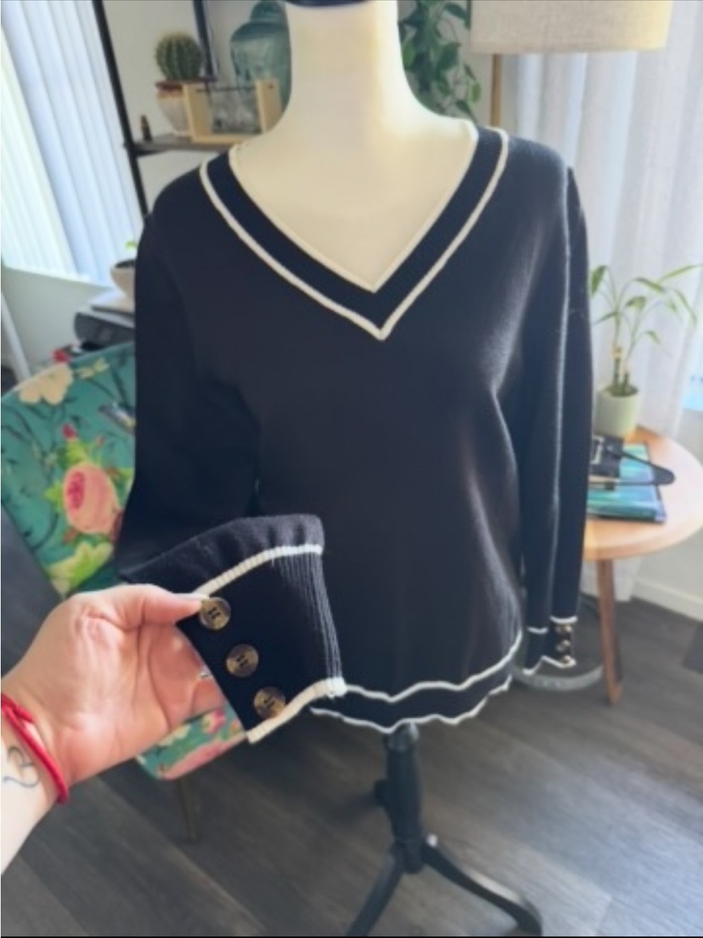 Black V-Neck Sweater with White Trim
